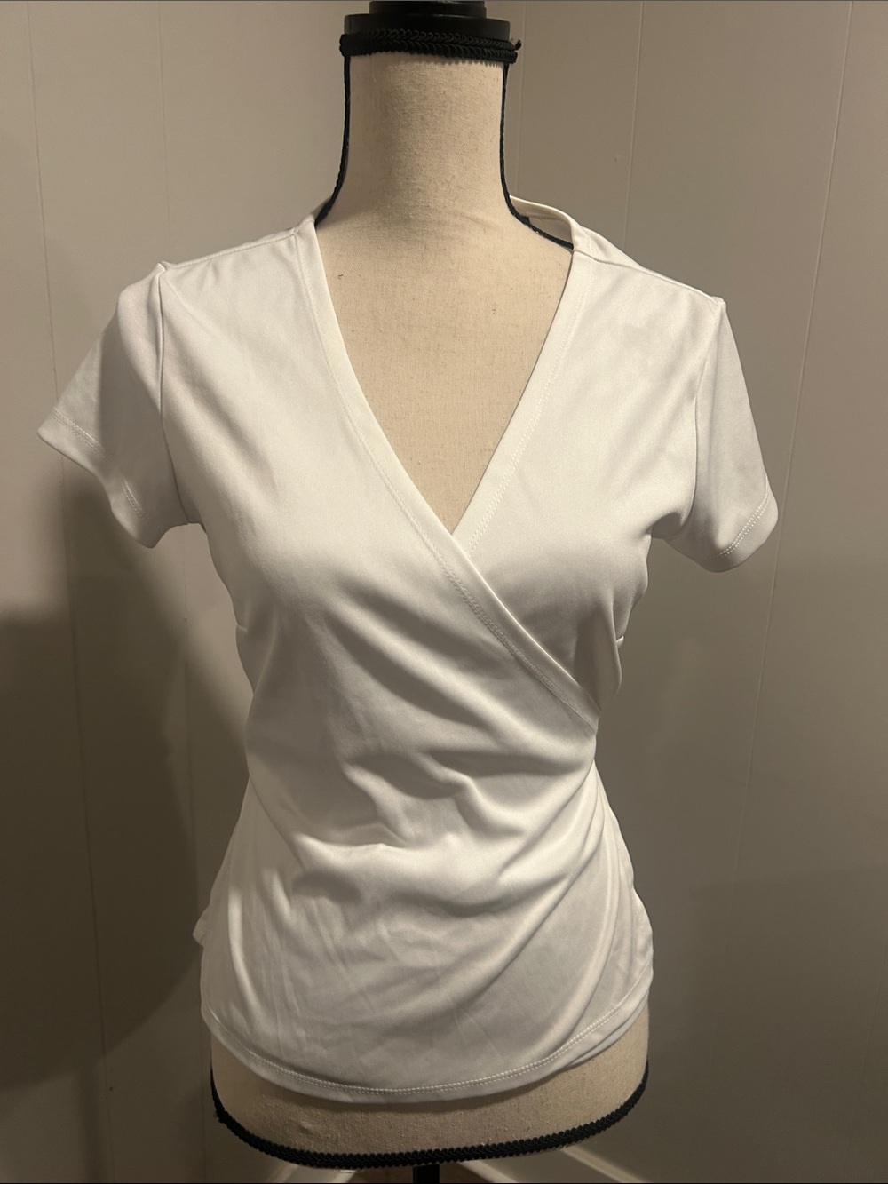 New York & Company White Wrap Front Short Sleeve Top
